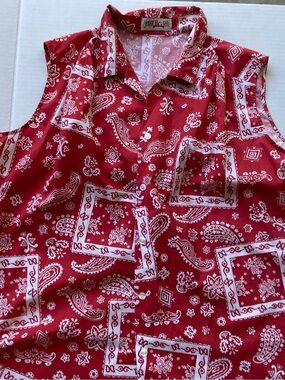 Vintage Red Bandana Bridge Gate Sleeveless Button-Front Top retro western indie